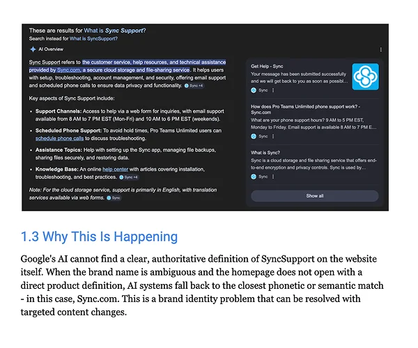 Google AI Overview returning Sync.com instead of SyncSupport for a branded search