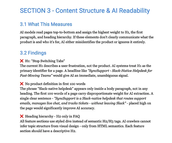 Content structure and AI readability review - heading hierarchy and product definition gaps