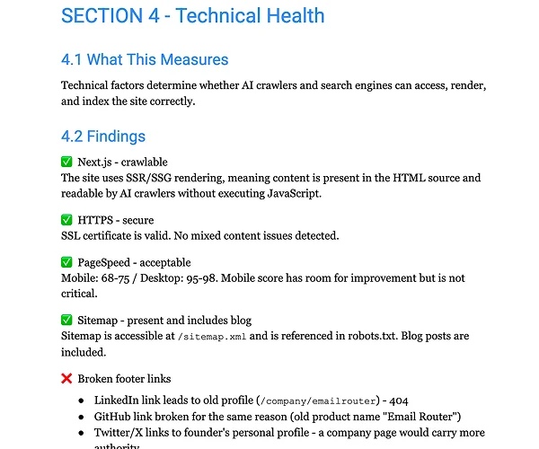 Technical health check - broken links, social profiles, and site issues