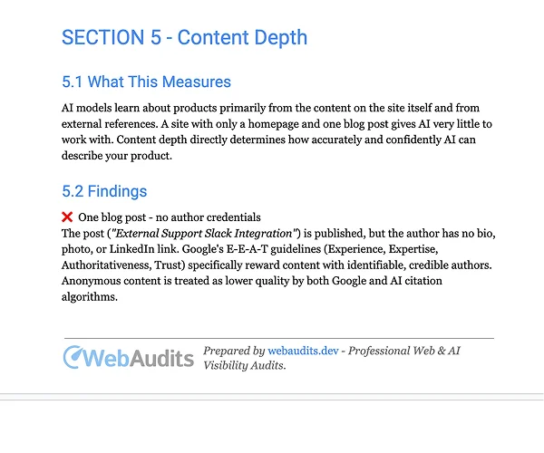 Content depth analysis - thin content, single blog post, no use cases or comparison pages