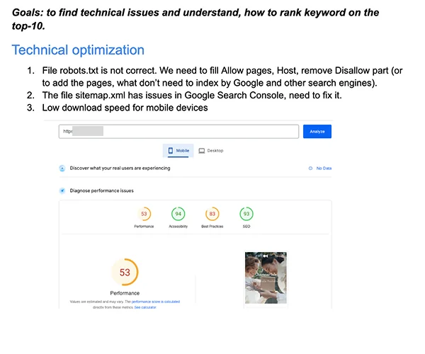 Mobile page speed audit showing score of 53