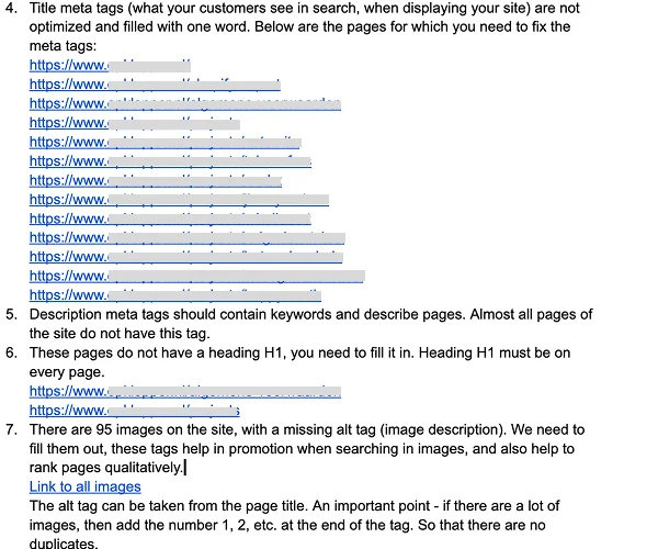 SEO audit showing missing meta titles, meta descriptions and 95 images without alt attributes