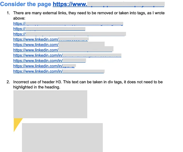 Technical audit showing external links issue, incorrect heading usage and CSS code errors