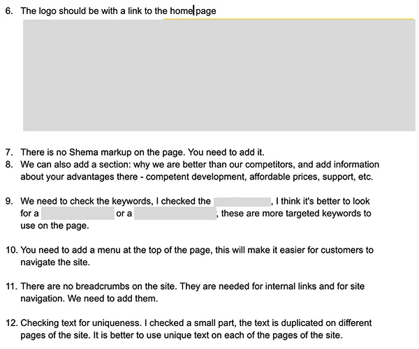 Audit findings showing missing schema markup, logo without homepage link and keyword analysis notes