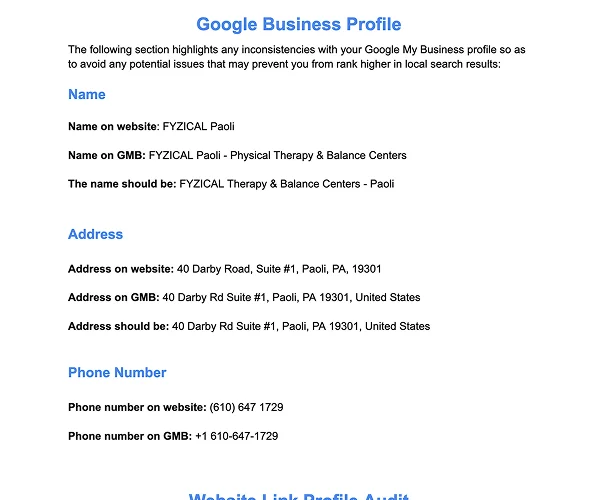 Google Business Profile audit showing name, address and phone number inconsistencies