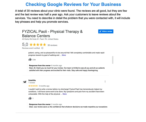 Google reviews audit showing no reviews displayed on the clinic website