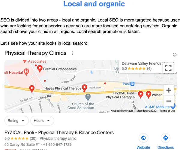 Local and organic search performance audit showing ranking gaps and keyword opportunities