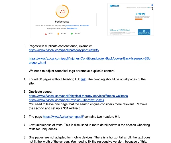 Technical SEO audit showing duplicate pages, missing H1 headings, and meta description issues
