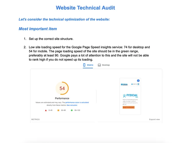 Website technical audit overview showing server errors, cache issues and security vulnerabilities