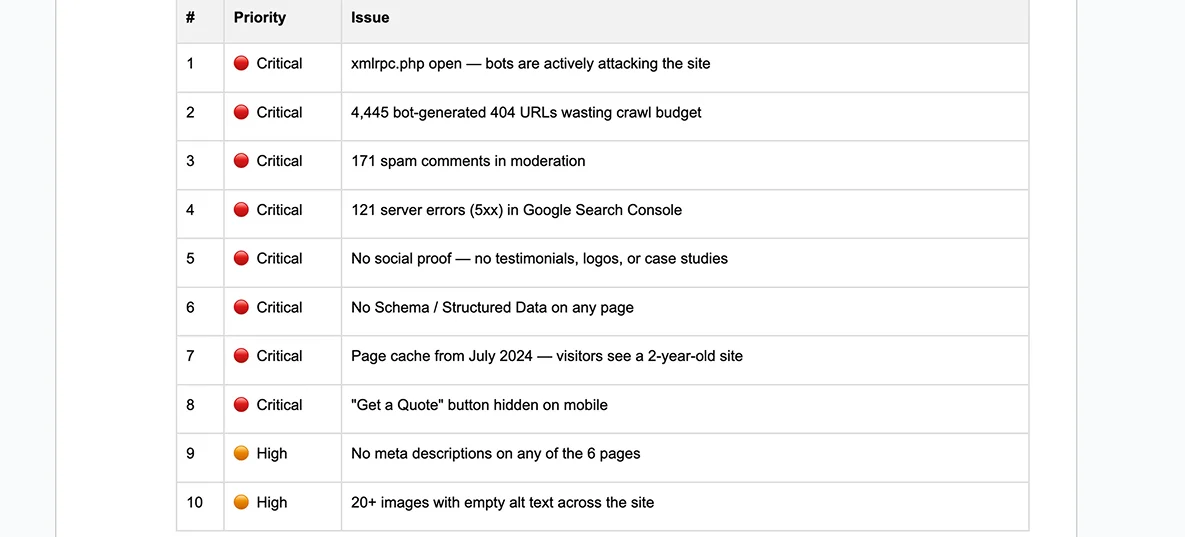 Total Secure IT Solutions website audit overview