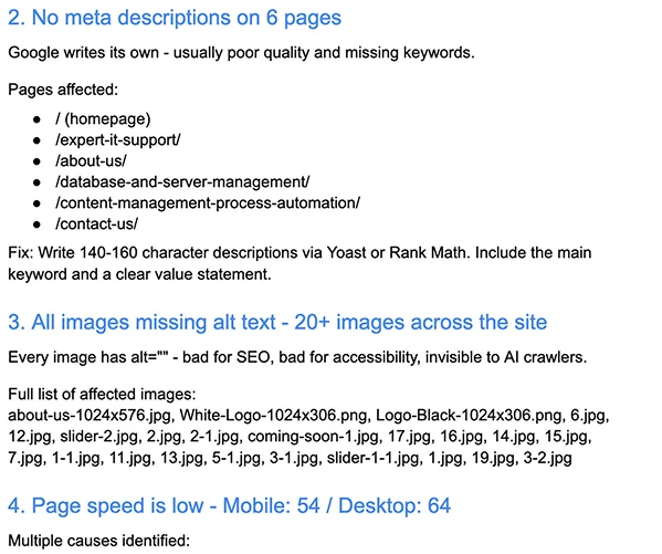 No meta descriptions and missing alt text across the site