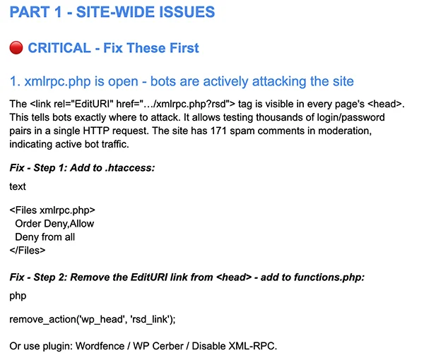 Site-wide issues - full breakdown by priority