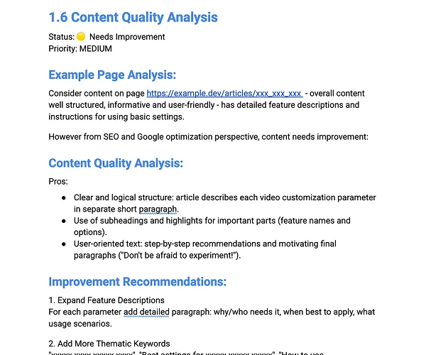 Content quality analysis - thin content, missing product descriptions, and low-value pages identified