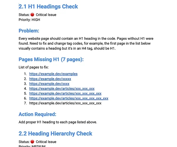 Heading structure audit - missing H1 tags and broken heading hierarchy across key pages