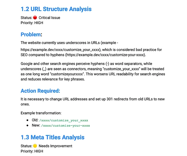 URL structure analysis - non-descriptive slugs, parameter pollution, and crawl depth issues
