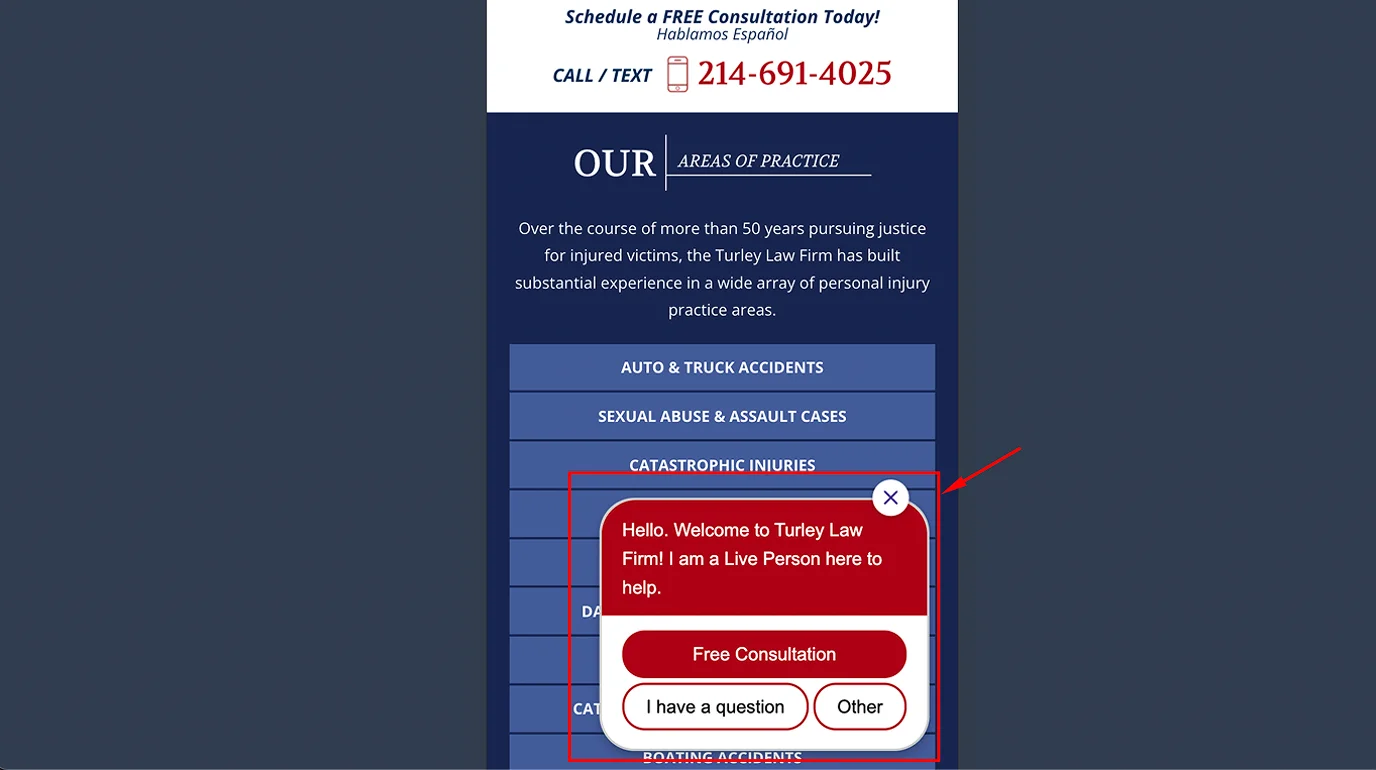 Law firm website with chat window opening immediately on page load before content is visible