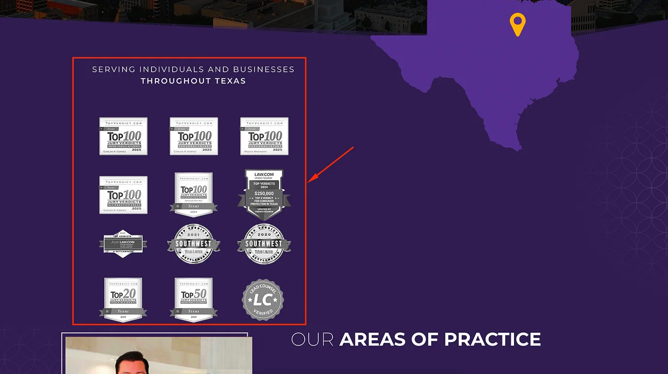 Law firm website hero section filled with award badges and no client reviews or verified testimonials