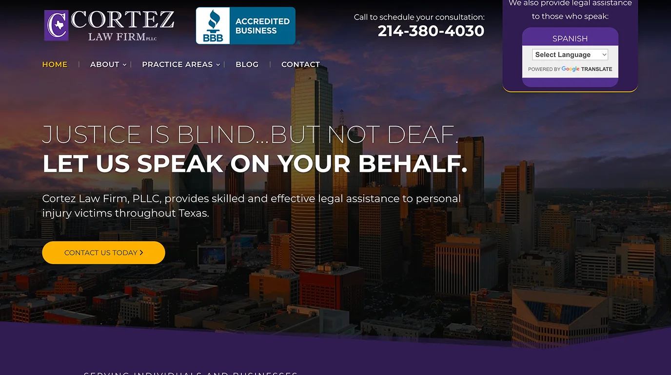 Law firm website using a city skyline stock photo as the hero image instead of a value proposition
