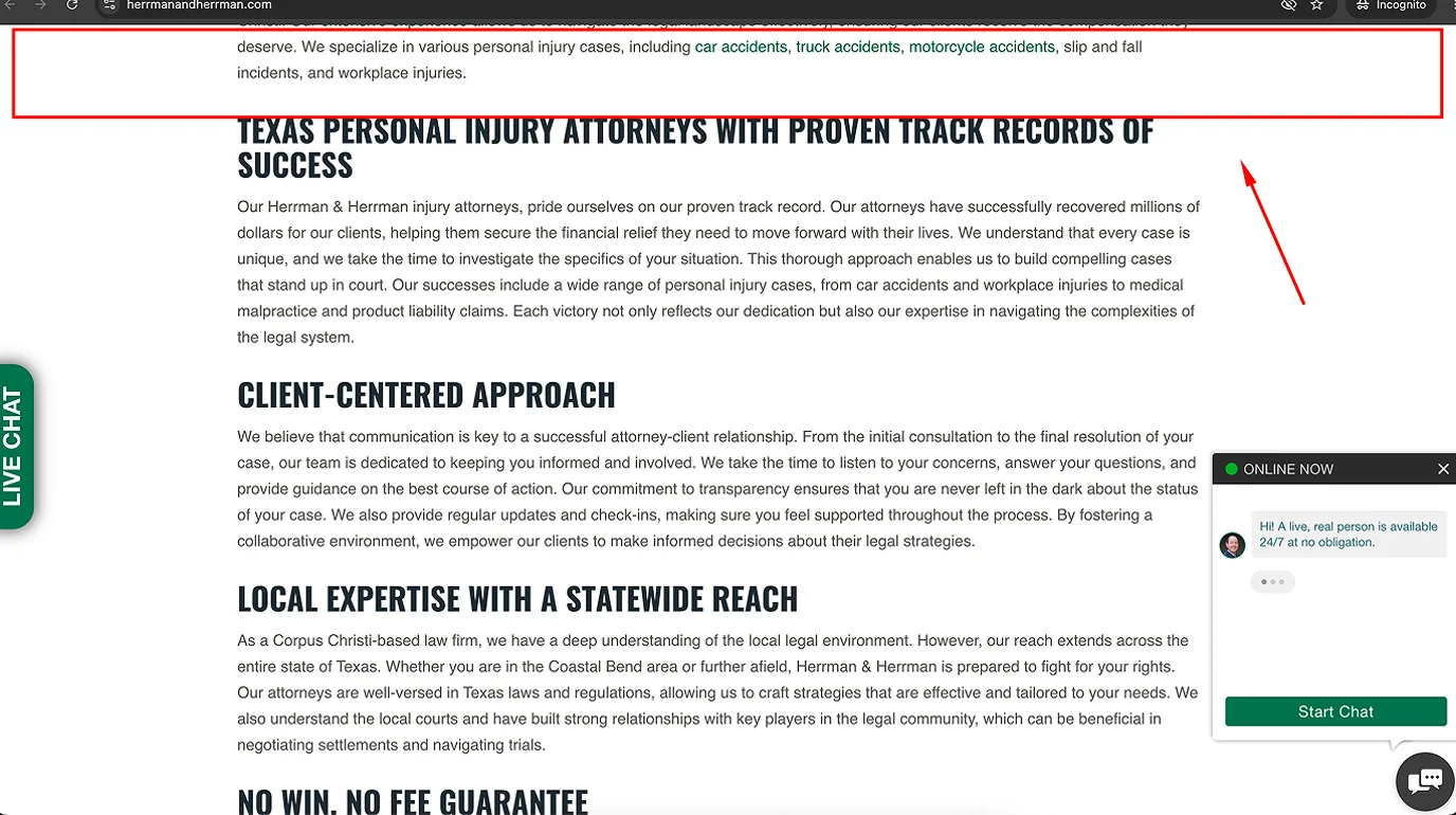 Law firm website header disappearing on scroll with no fixed navigation containing phone number