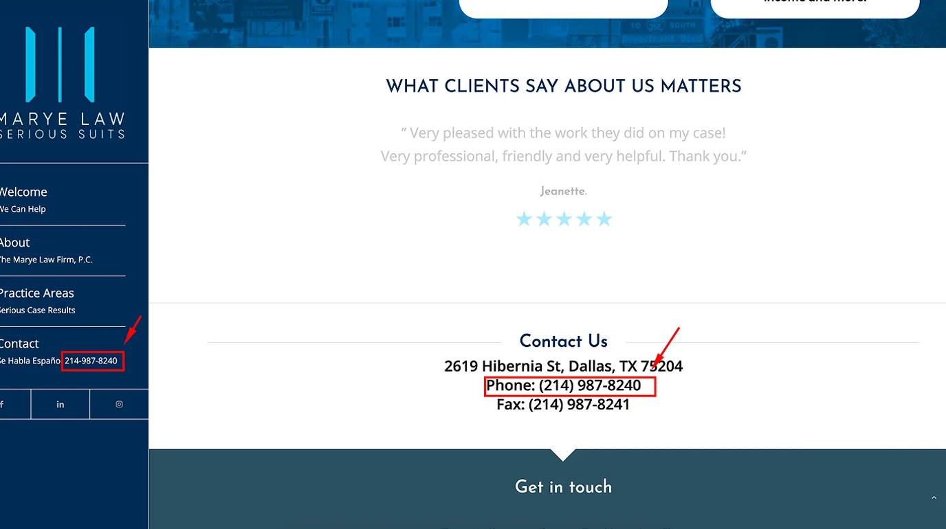Law firm website phone number displayed as plain text without a tel: link on mobile