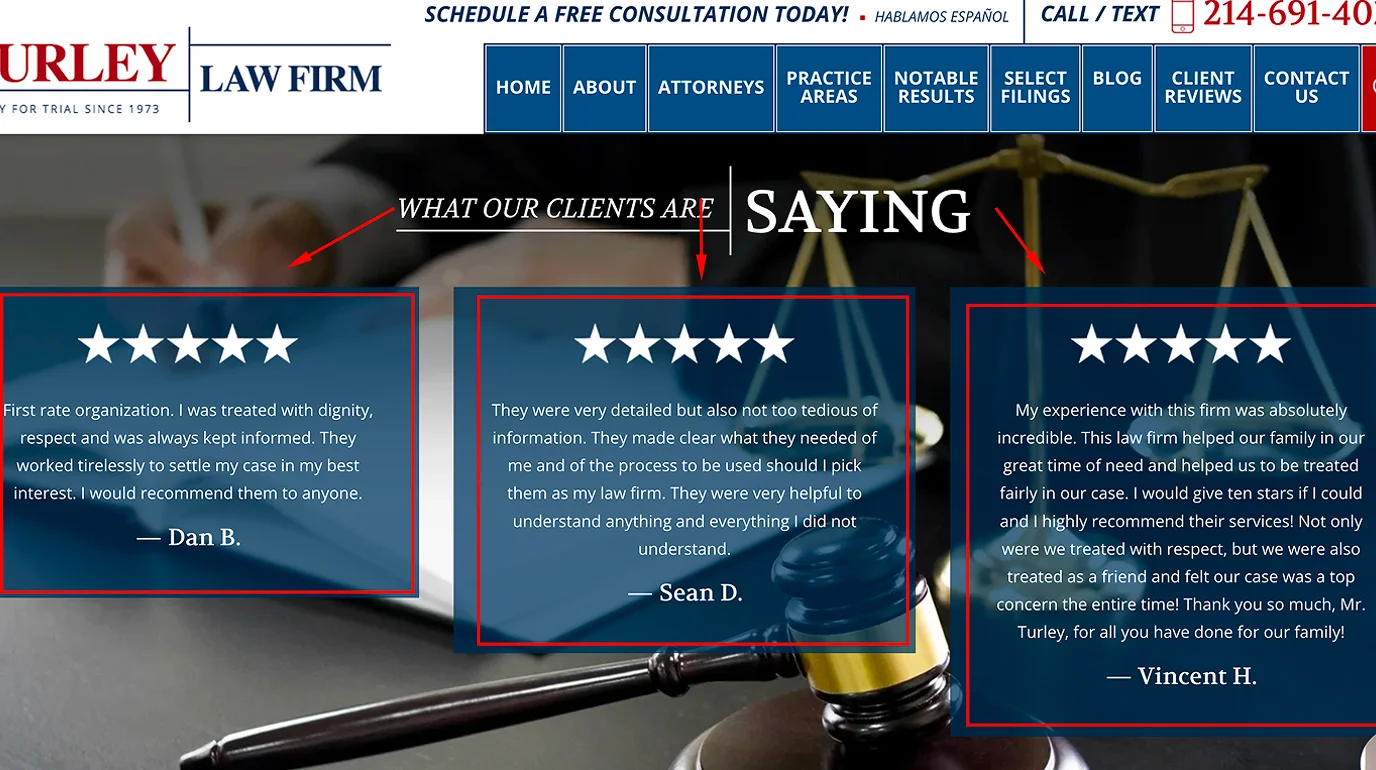 Law firm website showing testimonials with no source link or way to verify them