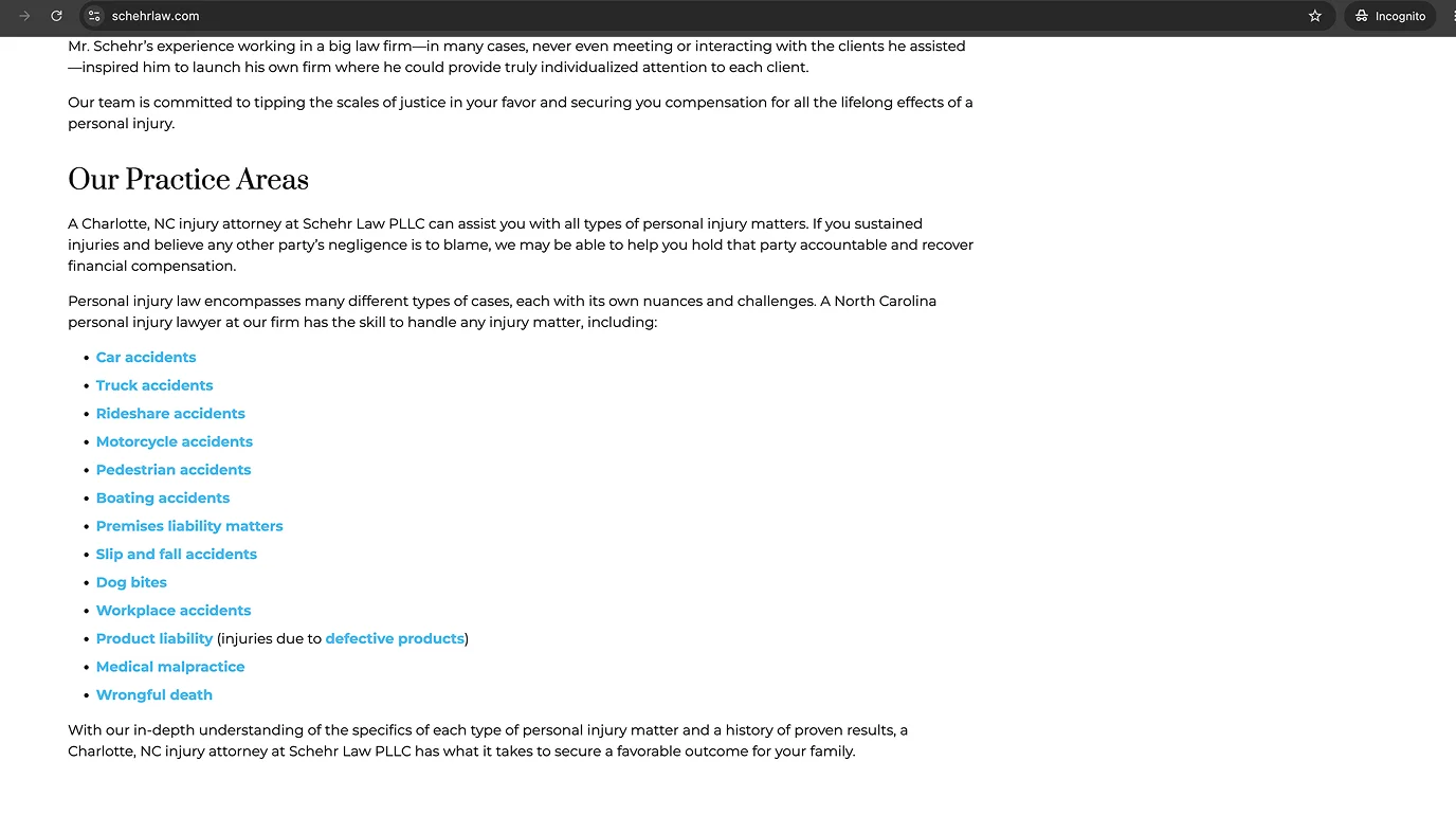 Law firm website page with long unbroken paragraphs and no visual structure or headers