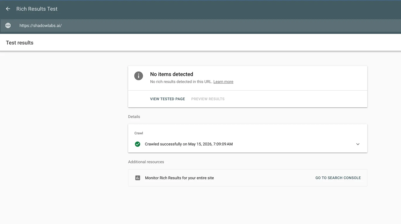 Google Rich Results Test showing no structured data detected on a SaaS page